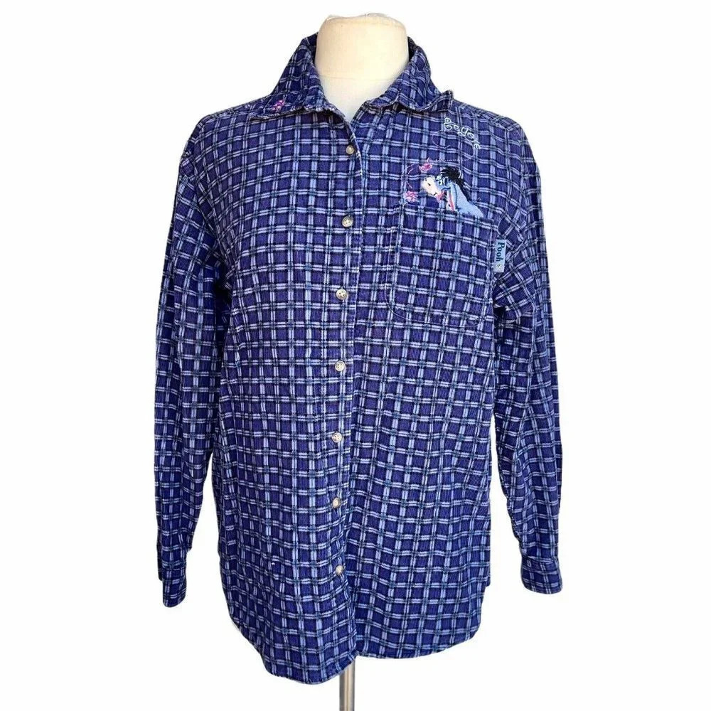 DISNEY Women’s M Blue Plaid Vintage 90s Winnie The Pooh Eeyore Corduroy Shirt